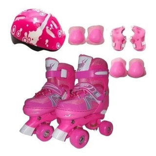 Patins Infantil Quad Regulável ROSA PINK 28-32 & 33-36 & 37-40 + Kit Proteção