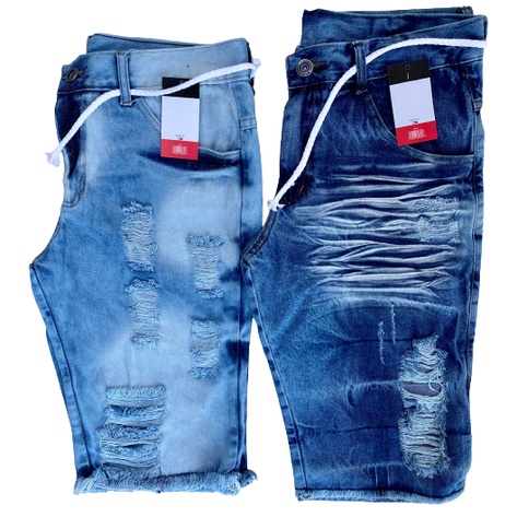 Bermuda Jeans Masculina Clara com Cordão Curta Destroyed Baixo