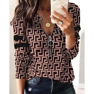 Casual Manga Longa Camisetas Femininas Com Decote Em V 2022 Primavera Outono Moda Estampa Blusas
