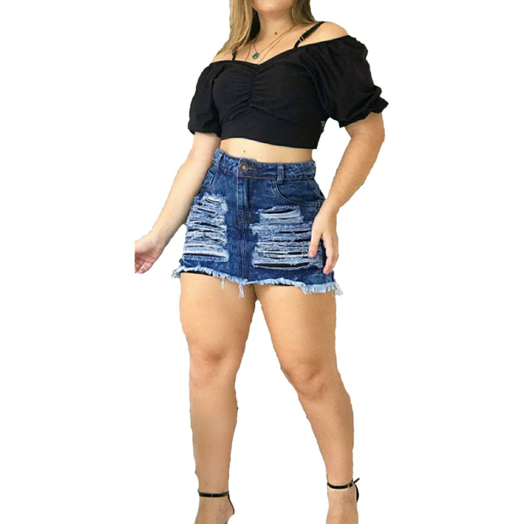 Saia Jeans Luxo Feminina Cintura Alta Destroyed Tendencia 2021