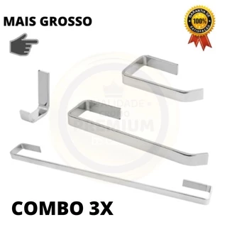 3 Kit de Acessórios para Banheiro Quadrado Inox Luxo 4 Peças SS - Reforçado