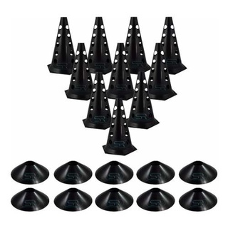 Kit 10 Cones Furado Demarcatório + 10 Pratos Agilidade Black