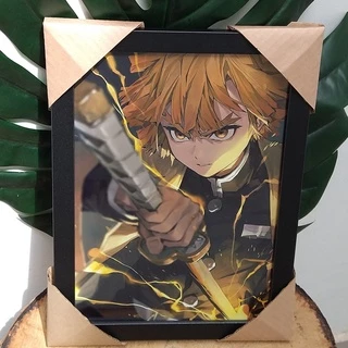 Quadro decorativo com moldura e vidro Zenitsu Demon Slayer Kimetsu no yaiba anime pôster geek tanjiro inosuke