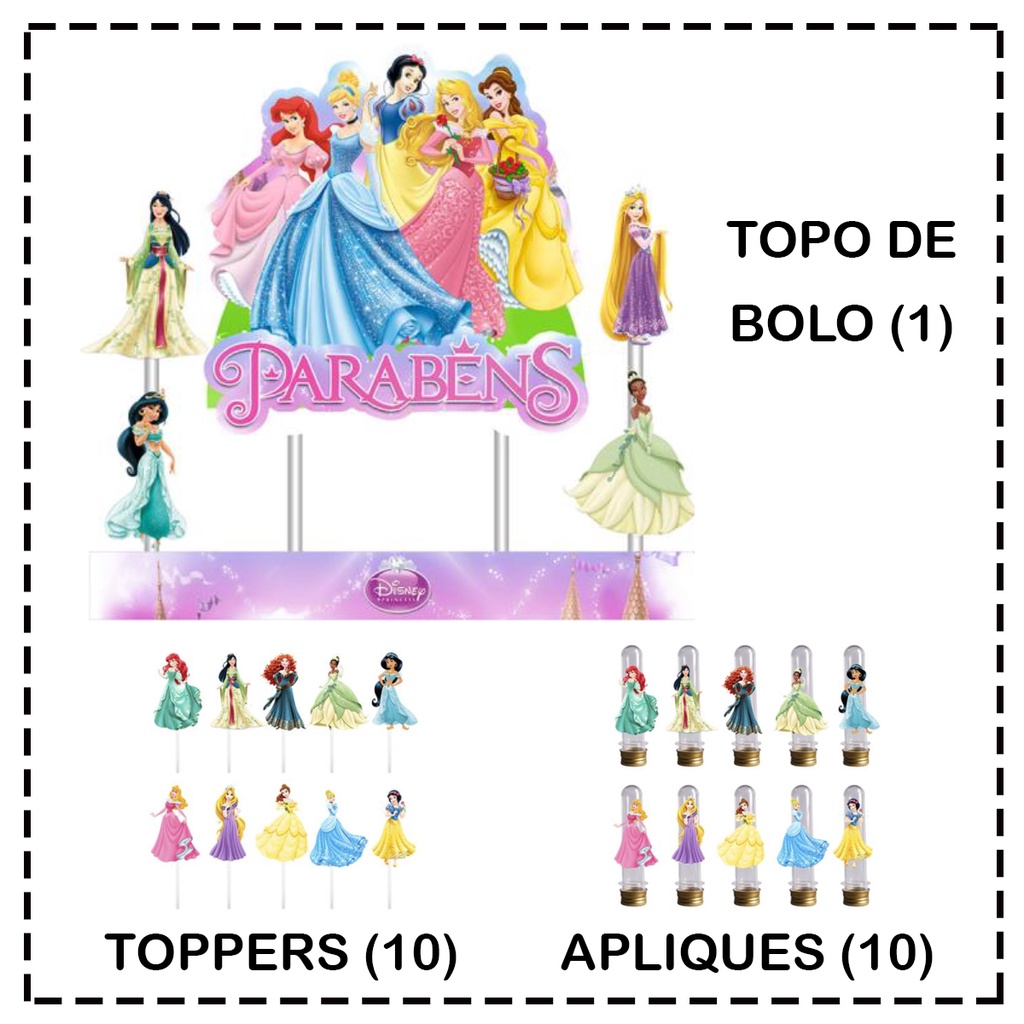 Topo de Bolo Princesas Disney Parabéns