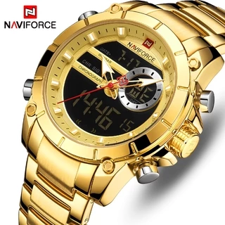 Relógio masculino NAVIFORCE militar dourado com visor duplo de quartzo analógico + digital esportivo pulseira impermeável totalmente em aço inoxidável