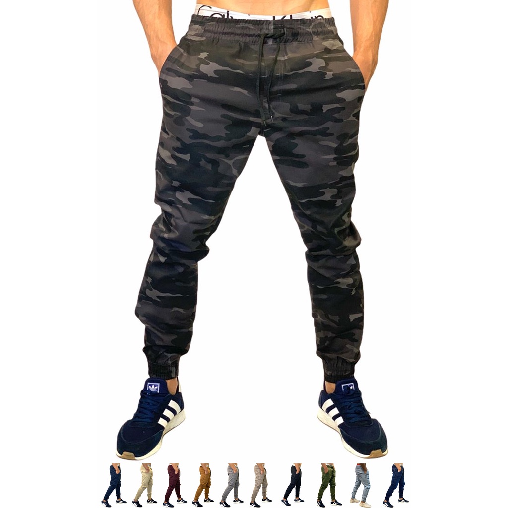 Calça Jogger Masculina Camuflada Cinza e Preta Estilo Exército