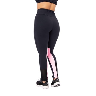 Calça Legging Preta Recortes Rosa Com Tela Leg Fitness Lisa Cós Alto Suplex  Academia zero transparencia