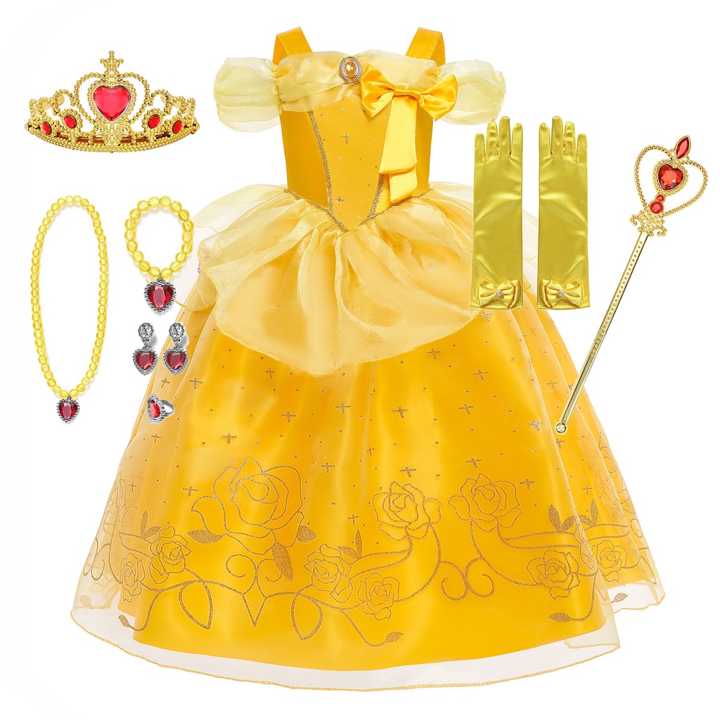 Compra online de Fantasia de A Bela e a Fera para meninas, Natal,  Halloween, Carnaval, Vestido Extravagante, Princesa Belle, Festa de  Aniversário, Vestido de Baile Amarelo 3 4 5 6 7 8 9 10 Anos