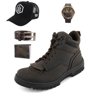 Combo Bota Tenis Country Coturno Modelo 4400 de Couro + Carteira Cinto Relogio Bone