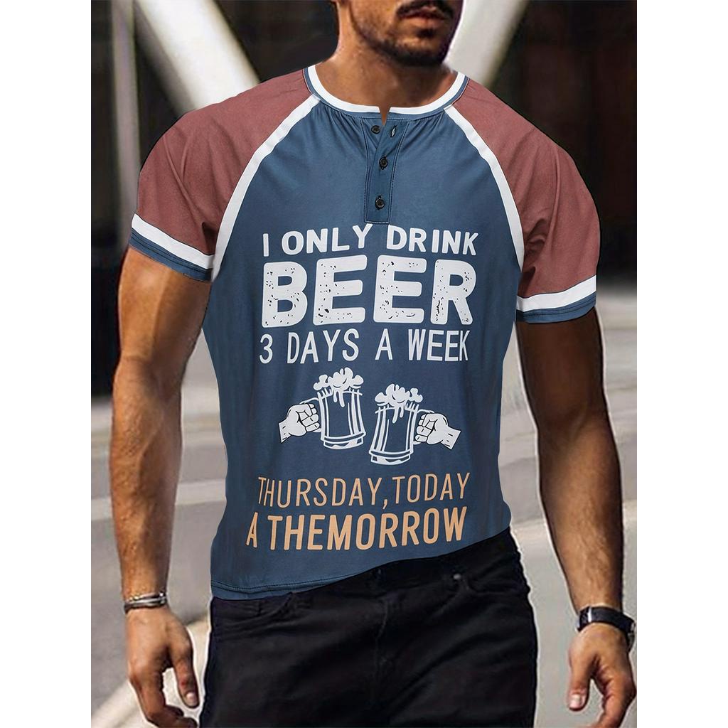 Summer Round Neck Loose Beer Touch Cup Carta de toque de cerveja Carta de toque de cerveja Homens Raglan Henry Camisa
