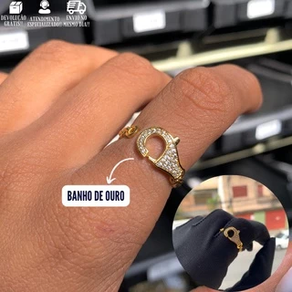 Anel Feminino Cravejado Banhado a Ouro 24k Ajustavel em Oferta na Shopee