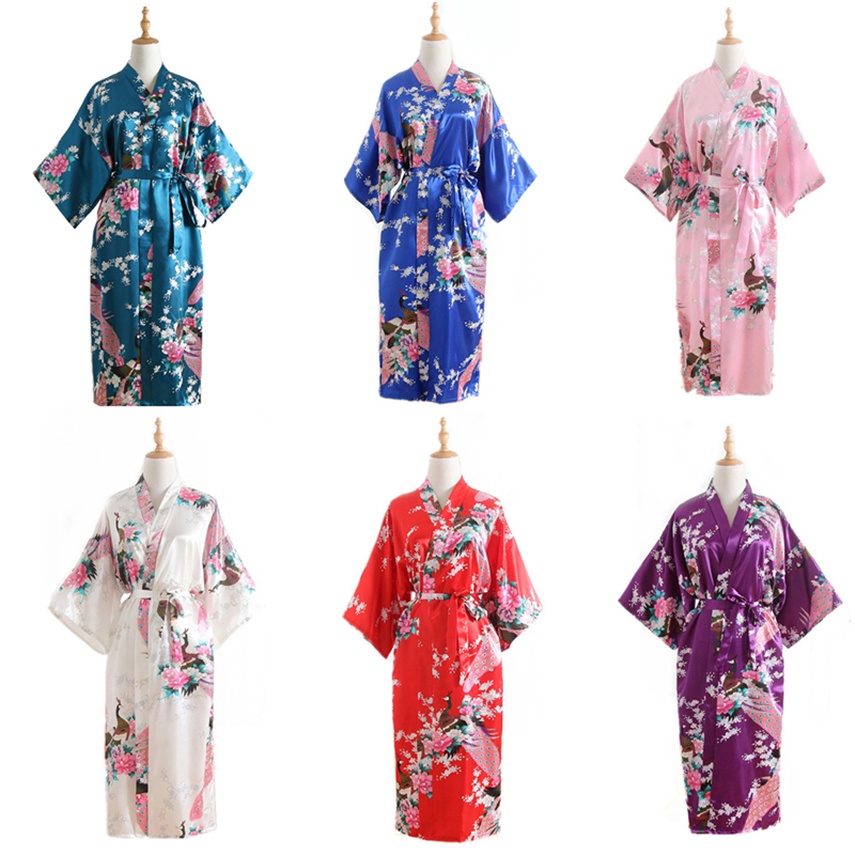 Kimono Feminino Estilo Japonês De 15 Cores Yukata Roupa De Dormir Pavão Cetim Fino Longo