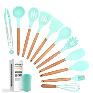 Kit Jogo de Utensílios para Cozinha em Silicone e Cabo de Madeira - 12 Peças