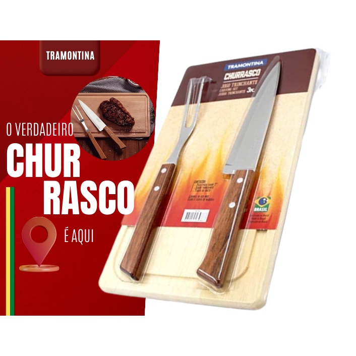 Kit Jogo Churrasco 3 Pçs Faca Garfo Inox + Tábua Tramontina, Naturalle