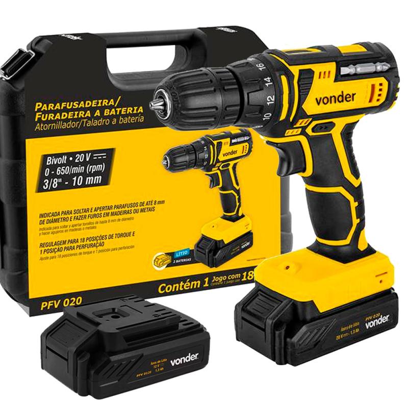 Imagem do produto Furadeira e Parafusadeira à Bateria 20V Com Maleta 2 Baterias e Acessórios Bivolt PFV020 VONDER