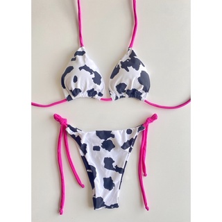 Biquini Cortininha Bojo Calcinha Fio Dental Duplo Praia Verão 2024 Tendencia Animal Print Vaquinha Pink