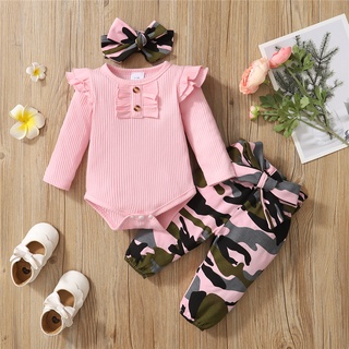 Roupas Para Bebês Recém-Nascidos Conjunto De Manga Longa Algodão Romper + Calças De Camuflagem Com Fita De Cabeça Outono 3PCS