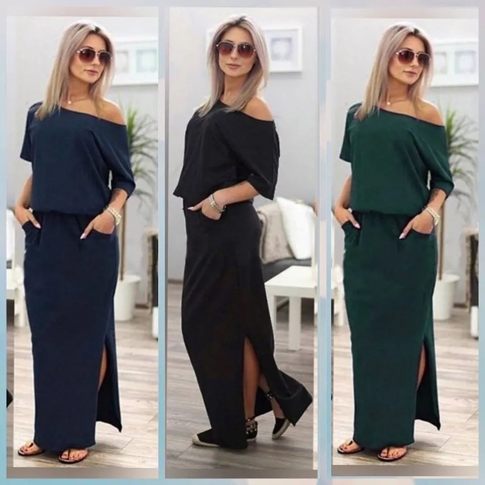 Vestido Ombro Caído com Elástico e Bolsos Confortável Fresquinho