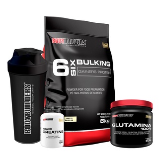Kit Hipercalórico 6 Six Bulking Gainers Protein 6kg + Power Creatina 100g + Glutamina 100% 500g + Coqueteleira - Aumento de Massa Muscular - Bodybuilders
