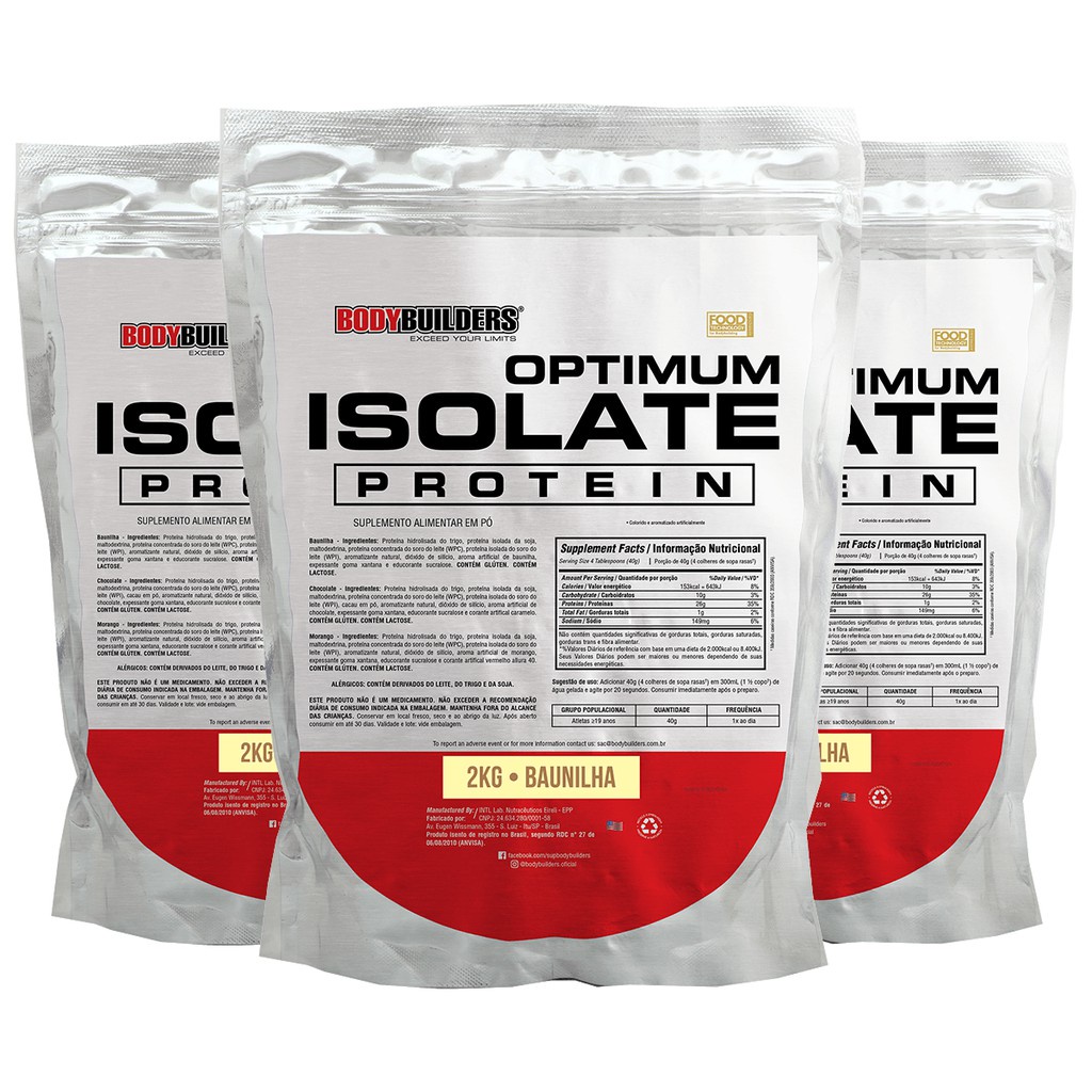Kit 3x Whey Protein Isolado Optimum Isolate 2kg – Bodybuilders Suplemento alimentar em pó para ganho de massa muscular