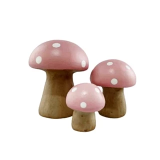 Trio de Mini Cogumelo Decorado de Ceramica Miniatura Jardim Cor Rosa