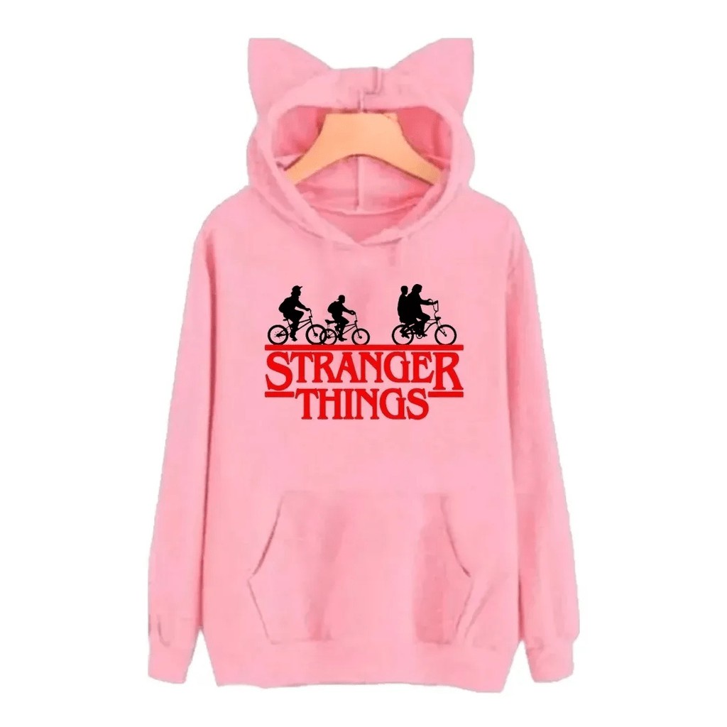 Blusa de Frio Moletom Stranger Things Infantil Em Algodão Capuz Com Orelhinha