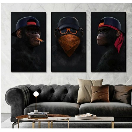 Quadros 3 Peças Gorila animal arte de parede com 3 macacos sábios decoração de parede da sala de estar