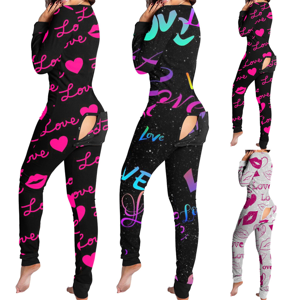 Macacão Feminino Estampado Manga Comprida Com Botão - Roupa De Dormir