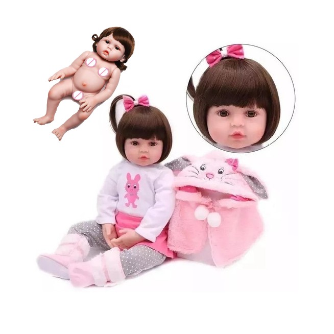 Boneca Realista Bebê Reborn Menina Corpo Silicone 48 cm + Ursinho