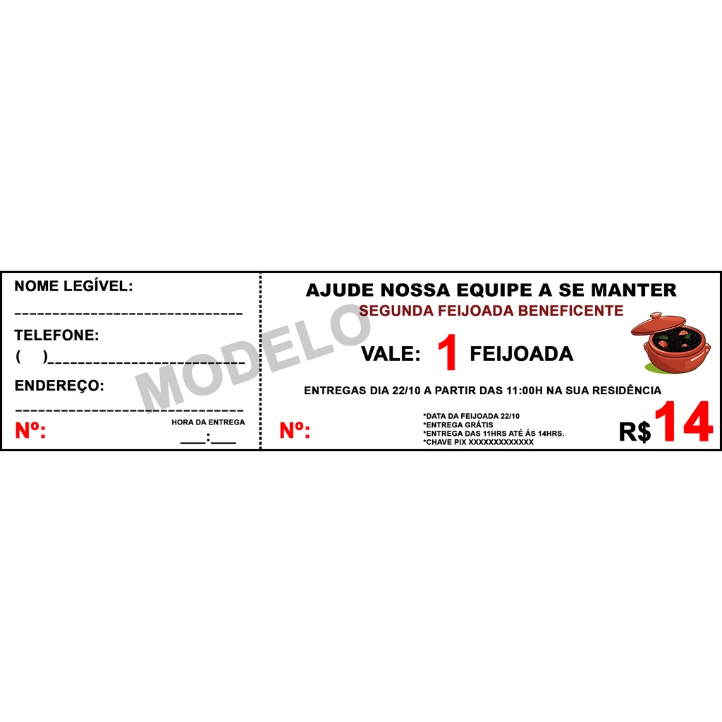 Bloco Talão de Rifa, Tickets ou Sorteio Personalizado com Canhoto Destacável 210mm x 59mm Branco