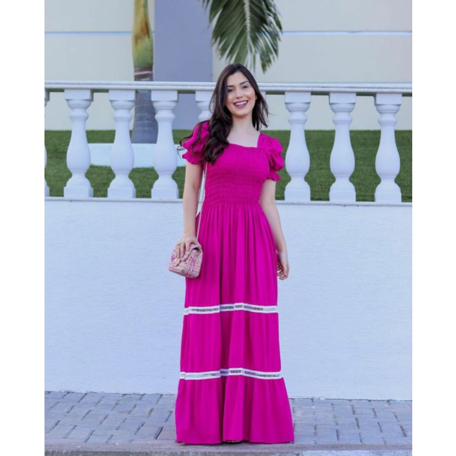 vestido longo 3 Marias manga bufante | Shopee Brasil