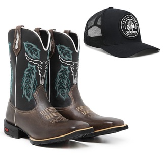 Bota Texana Country Masculina Bico Quadrado Bordada Brinde Bone