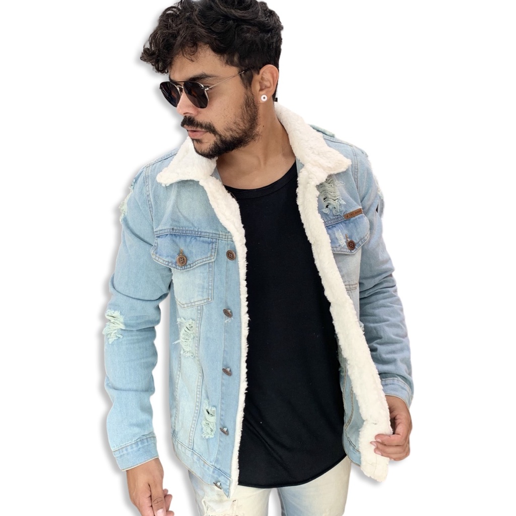 Jaqueta jeans masculina com gola store de pelo