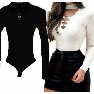 Body Blusa Manga Longa Gola Choker Golinha