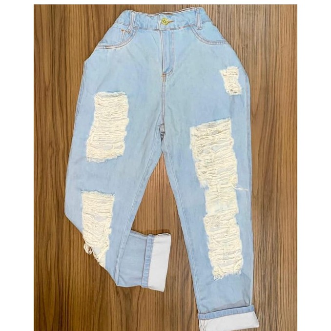 Calça Jeans Clara Destroyed Rasgada Cós Alto alta Moda Gringa Feminina  Tamanho 36 Natal Ano Novo Revéillon