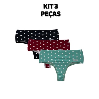 Kit 3 Calcinhas Fitness Poá Seca Barriga Cintura Alta Com Compressão Modeladora