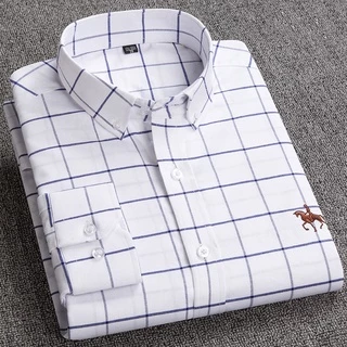 Casual 100% Algodão Oxford Xadrez Bordado Manga Longa Moda Coreana Estilo Plus Size Camisa Masculina