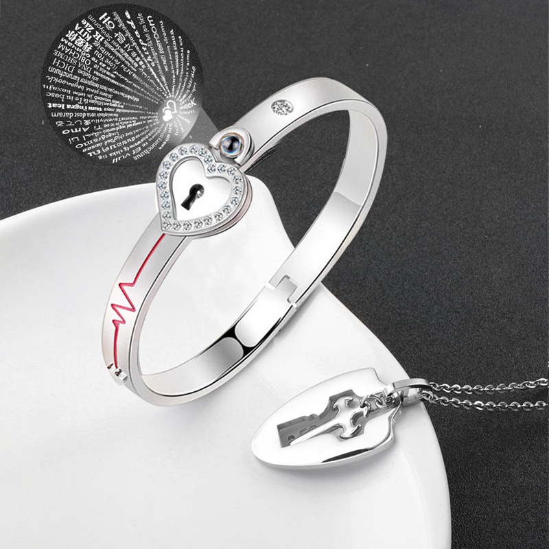 Gustave Heart Love Lock Bracelet with Lock Key Pendant Titanium Steel Bangle  Couple Sets + Box (Silver) 