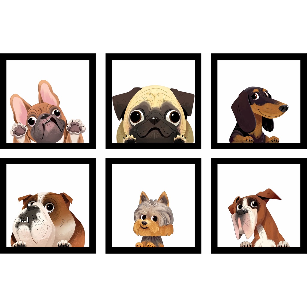 6 Quadros Cachorros Fofinhos Dog Pet 15 cm Cada em Relevo Decoração