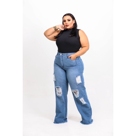 Calça Jeans Feminina Plus Size Wide Leg Azul