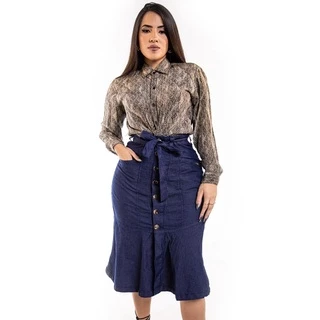 Saia Jeans Longa Tecido Leve PREMIUM Com Babado Moda Evangelica Crista REF: 04