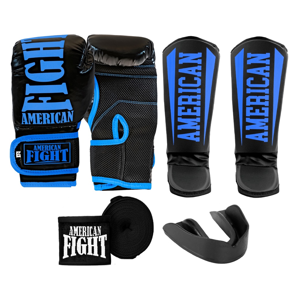 Kit Muay Thai Luva Caneleira Bandagem Bucal American Fight - Azul