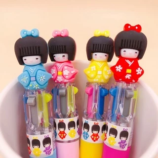 Mini Caneta esferográfica 4 cores personagem boneca kokeshi com grip emborrachado