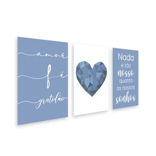 Kit 3 Placas Quadros Decorativos Fé Coração Azul 20x30cm