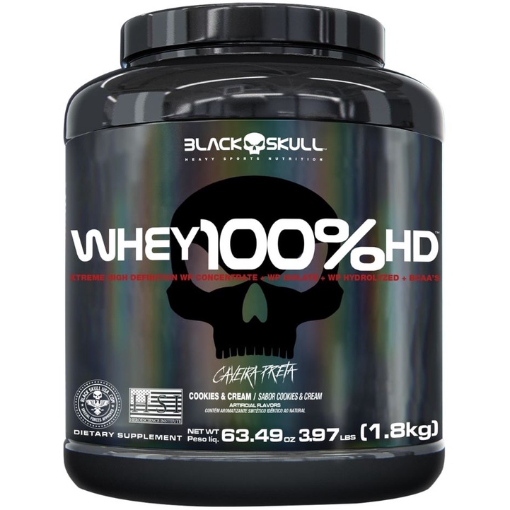 Suplemento Whey 100% HD Cookies e Cream Caveira Preta Black Skull 1.8kg – Three Foods Distribuidora