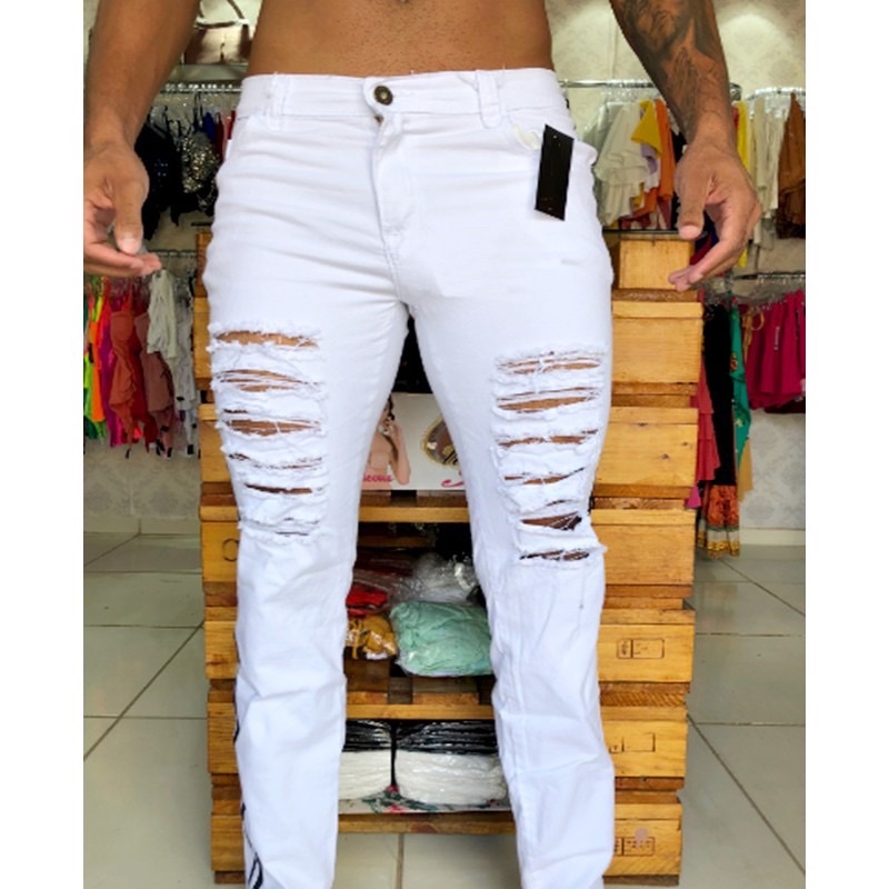 Calca jeans skinny Preta Destroyed Rasgada Desfiada ElastanoLaycra.