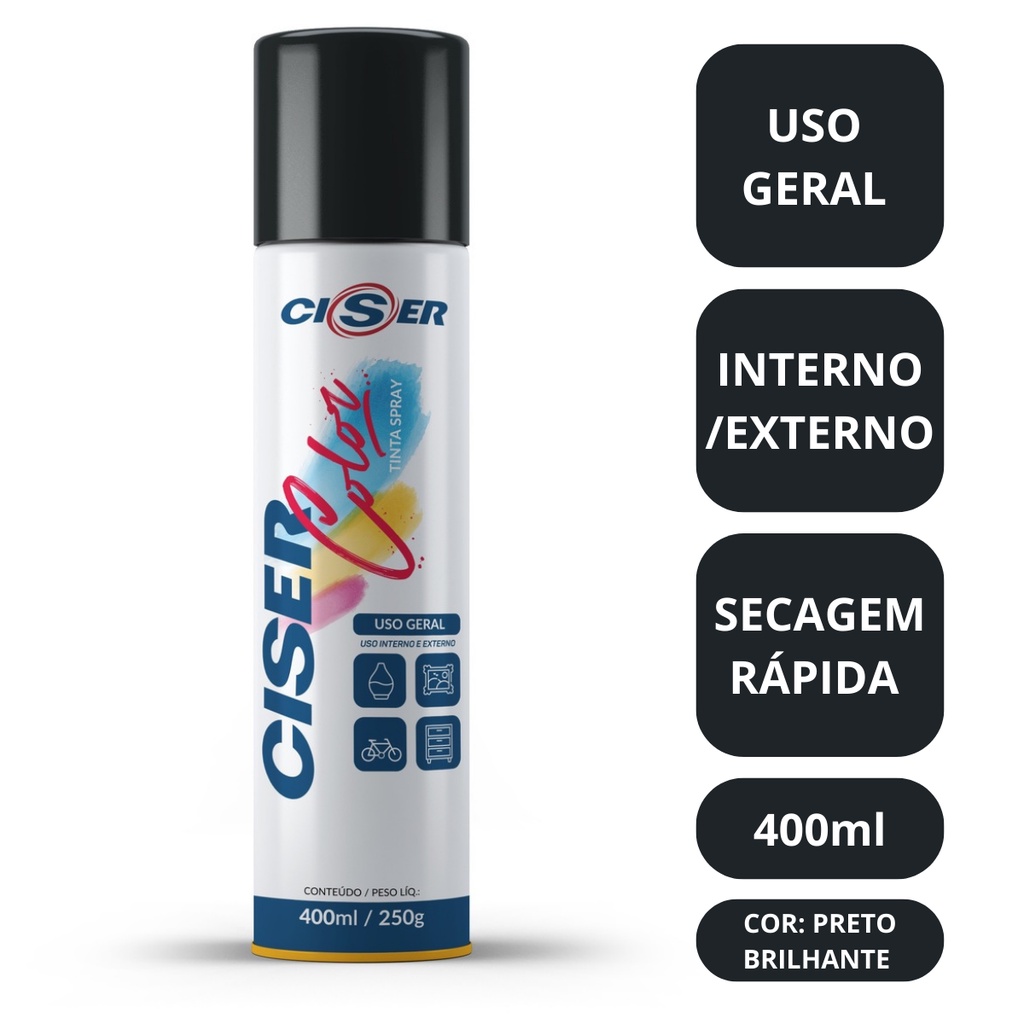 Spray preto brilhante uso geral madeira plástico metal 400ml Ciser ...