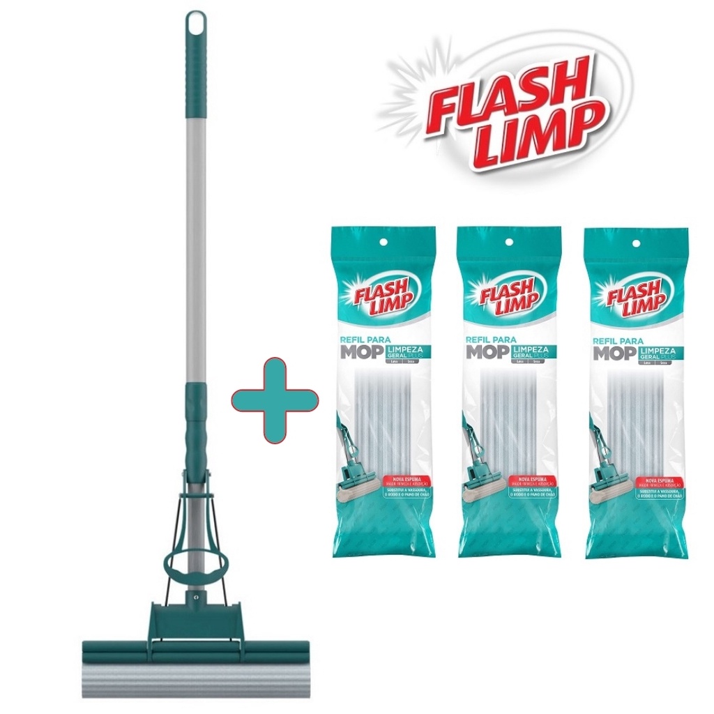 Kit 1 Mop Limpeza Geral Plus Rodo PVA Lava e Seca MOP7671 + 3 Refil RMOP7671 Flash Limp