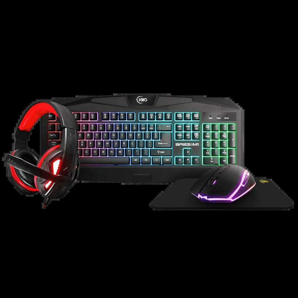 Kit Combo Gamer KWG Aries M1 4 em 1, Teclado, Mouse Headset e Mousepad