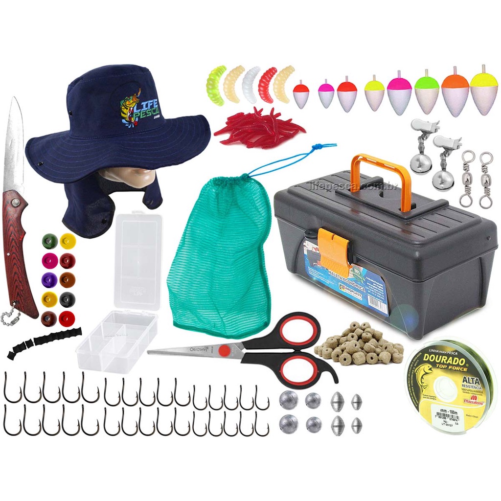 Kit Pescaria c/ 1 Caixa + Estojo + Canivete e Chapéu (Ref. 108)